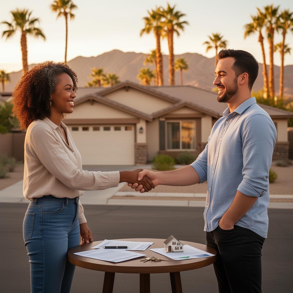 Las Vegas homeowner shaking hands with a local cash home buyer in front of a Summerlin home